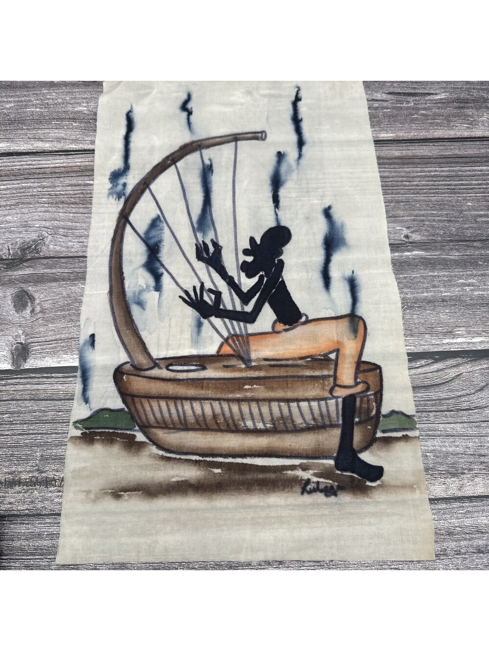 African Scene on Canvas 15 X 6 in H Silhouettes Folk Style Ugandan,Signed